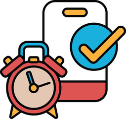 A red alarm clock with a blue and yellow check mark on it