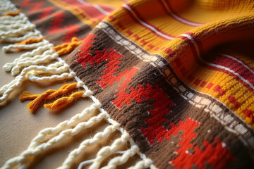 Intricate Detail, A Close-Up of Traditional Textile Art with Rich Colors and Woven Patterns Displaying Cultural Heritage
