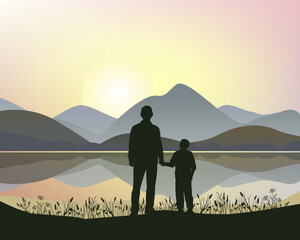 Father and son. Silhouette of people against the background of a river mountain landscape and sunrise or sunset. Father's day card design