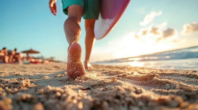 A lone surfer walks along a sandy beach, surfboard in hand, as the sun sets on the horizon, evoking feelings of adventure, freedom, and a passion for the ocean.