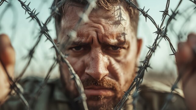 A man gazes intensely through barbed wire, capturing feelings of frustration and resilience amidst challenging circumstances and an oppressive environment.