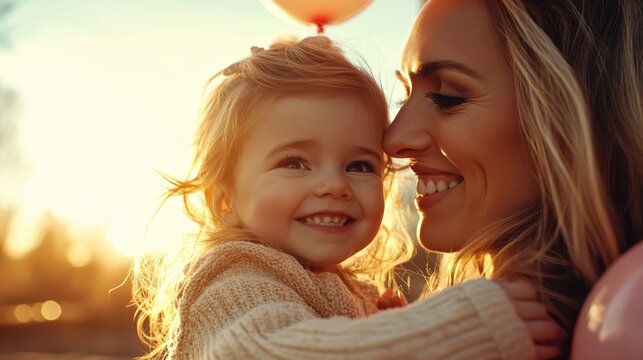 A mother shares a joyful smile with her young child while holding balloons, embodying love, connection, and happiness during a beautiful sunset moment. - Powered by Adobe