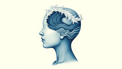 Intricate Head Illustration Representing Mindful Consciousness Flowing like Water with Delicate Details and Serene Waves