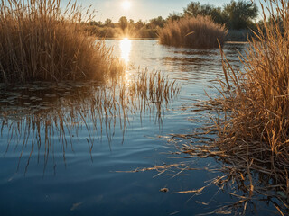 Lakeside shore with dried reeds and still water reflecting blue sky and sun glare representing a hot peaceful summer day this composition uses water reflection and dry vegetation to
