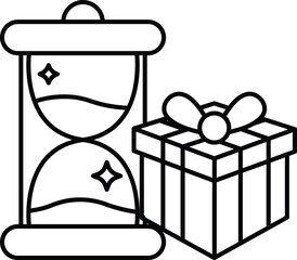 A gift box with a red ribbon sits next to a clock