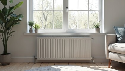 Modern white radiator placed beneath a large window in stylish living room. Central heating system with stylish interior design, natural light. Interior design concept of energy efficiency.