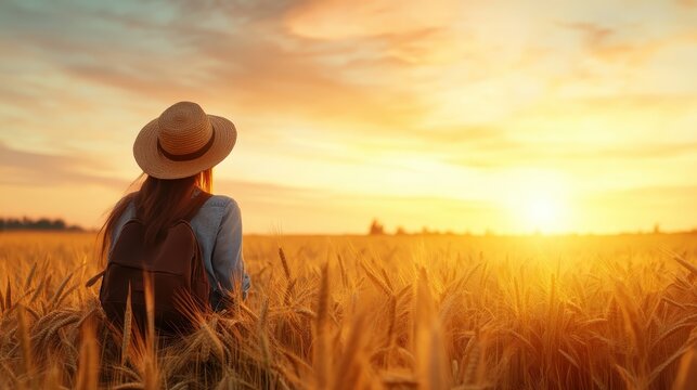 A serene woman wearing a straw hat observes a breathtaking sunset over a golden wheat field, symbolizing peace, reflection, and connection to nature's beauty.