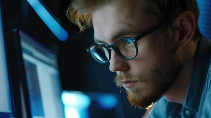 Man in glasses focused on computer screens
