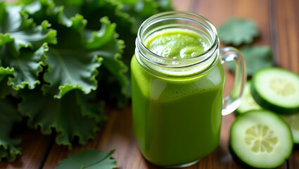 Invigorating green smoothie in a glass jar, blending freshness and healthy living with vibrant kale and crisp cucumber