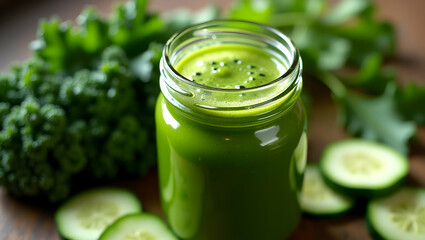 Invigorating green smoothie in a glass jar, highlighting freshness and the benefits of healthy eating for vitality and wellbeing