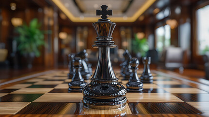 Detailed view of black chess pawns and king on wooden chessboard, half background blank