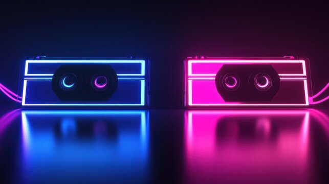 Neon cassette tapes on a reflective surface