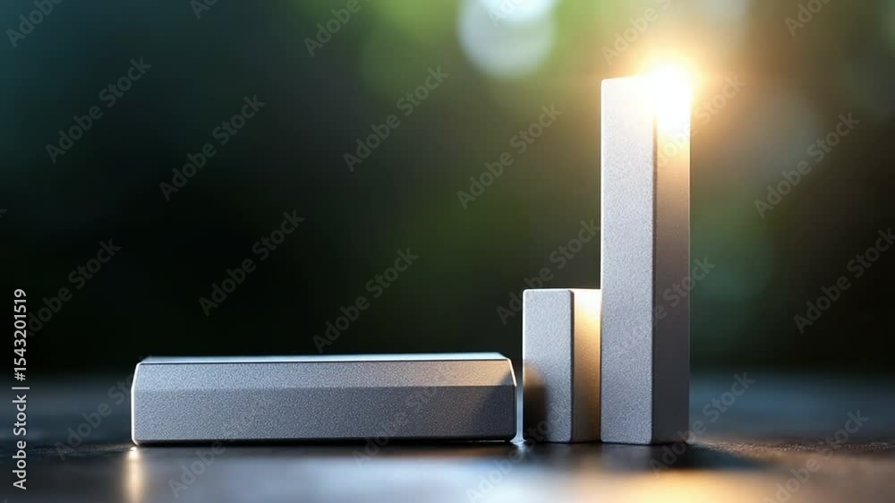 Aufkleber Illuminated Concrete Blocks:Three grey concrete blocks of varying sizes and shapes are artfully arranged on a dark surface. The tallest block is illuminated from above, casting a warm glow.
