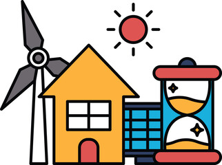 A house, a windmill, and a clock are all drawn together in a single image