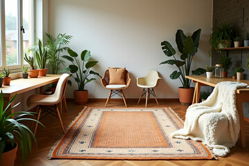 Inviting bohomodern office featuring plush seating, abundant plants, and warm natural light, creating a serene and productive workspace ambience