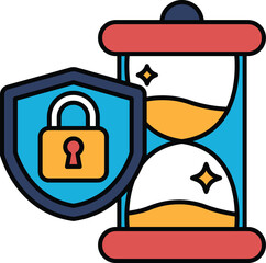 A blue and yellow security lock is on a blue shield