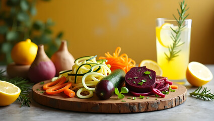 Inviting display of spiralized vegetables and fresh fruit cocktail on a wooden board set against a bright and airy background
