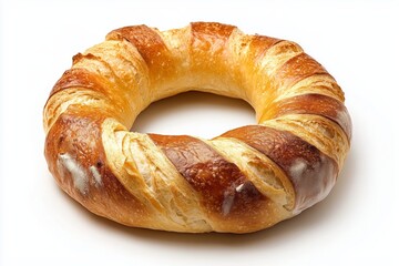 Crusty ring-shaped obwarzanek krakowski bread isolated against a white background showcasing its unique texture and inviting appearance