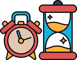 A red alarm clock sits next to a blue hourglass