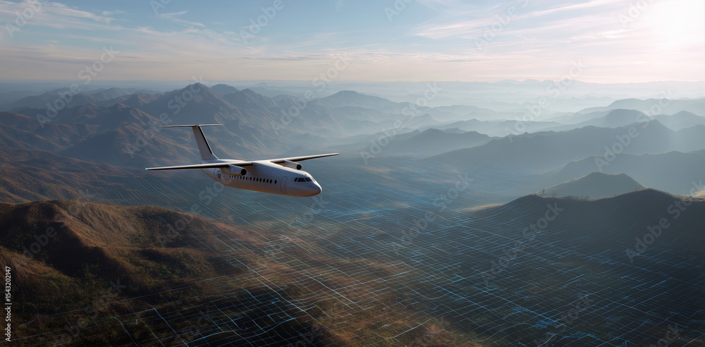 Aufkleber a transport aircraft flies through a mountainous region, navigating automatically with autopilot tec