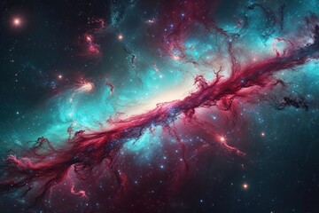 Naklejka premium Vibrant Turquoise and Crimson Galaxy with Shimmering Nebula Across Expansive Universe Dimensions
