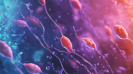 Close-up view of sperm cells swimming through fluid, showcasing dynamic movement and biological processes, illuminated by vibrant colors and abstract background elements