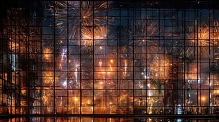 A festive display of golden fireworks is reflected in the glass windows of a modern building.