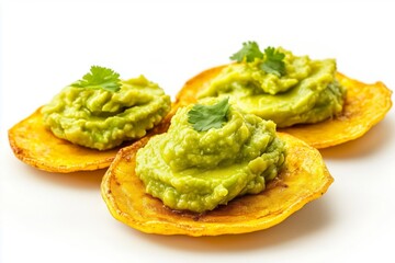 Enjoying patacones with guacamole, a delightful dish featuring plantain crisps topped with creamy avocado mash, perfect for any snack or appetizer occasion