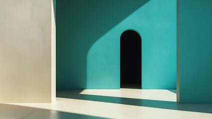 Fototapeta premium A minimalist interior features a turquoise wall with an arched doorway