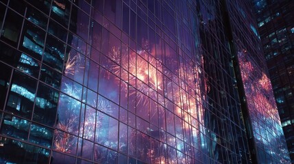 The glass facade of a city building mirrors a vibrant holiday fireworks celebration.