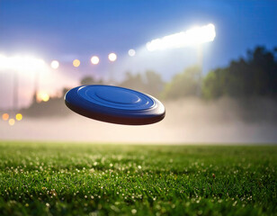 frisbee disc mid-air, spinning above dewy grass field