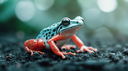 A strikingly colorful frog poses on the wet soil, showcasing its vibrant colors. This image highlights the beauty and intricacy of nature and its creatures.