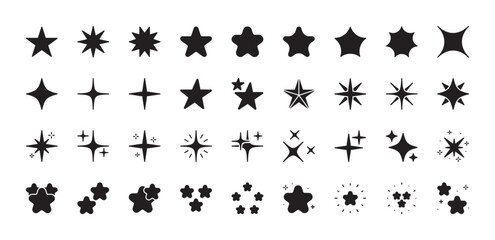 Stars big black icon set. Sparkle sign. Sparks / Shine / Galaxy / Starburst icons. Design flat shiny elements, shapes for a poster, banner, background, stickers. Editable stroke. Vector illustration.