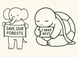  Cute Elephant and Turtle Holding Protest Signs Save Forests & Need Rest Illustration
