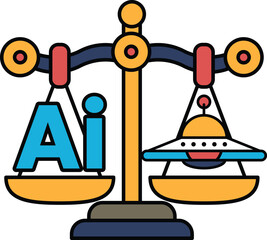A scale with the letters AI on one side and an alien on the other