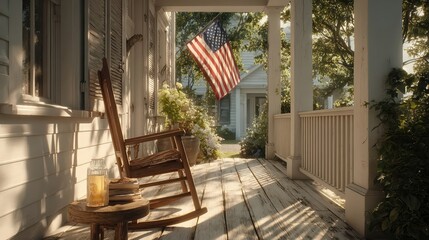 A wooden rocking chair and a glass of iced tea on a porch decorated for the fourth of July.