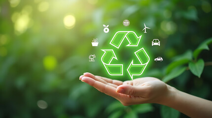Hands Holding a Glowing Recycle Symbol with Eco Icons on Green Background.