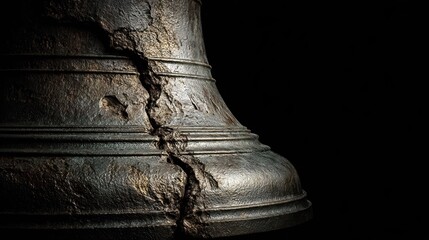 A close up of the famous crack on the historic Liberty Bell against a black background.