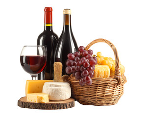 Wine and cheese basket on a wooden board, isolated on a transparent background
