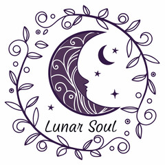 Mystical lunar soul crescent moon floral wreath design