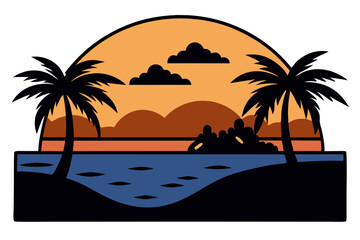 Vibrant Tropical Sunset Illustration with Palm Trees and Ocean Waves