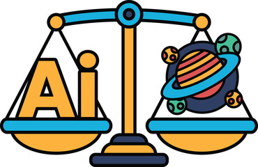 A scale with the letters AI on one side and a planet on the other