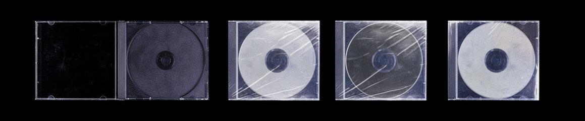 CD disk video case on black background. Isolated music transparent mockup. Clean cover box template.