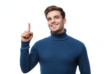 Fototapeta premium Excited Man in Blue Turtleneck Pointing Up – Portrait with Happy Expression, White Background, Ample Space for Text, High-Resolution Studio Photography for Advertising & Social Media Concepts