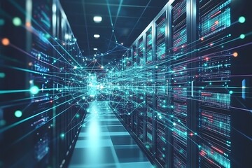 Server room data center with network connections and information flow visualization