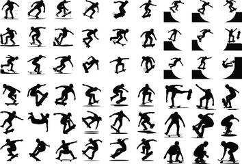 Skateboard Trick Pose Icon Silhouette – Cool Skater Action Pack Skater Mid-Trick Silhouette Set – Dynamic Skateboarding Icons