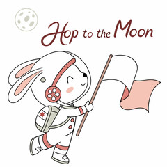 Cute bunny astronaut hopping to the moon with flag