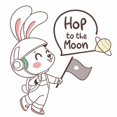 Cute bunny astronaut hopping to the moon cartoon illustration