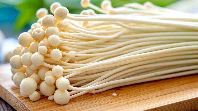 Fresh enoki mushrooms on wooden cutting board with blurred greenery in the background