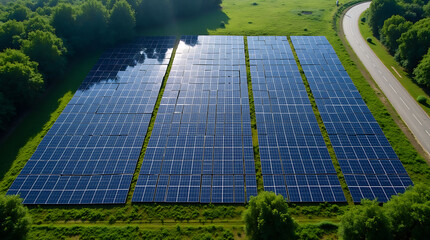 Aerial View of a Large-Scale Solar Panel Farm in a Green Forest Landscape with Roadside Access.